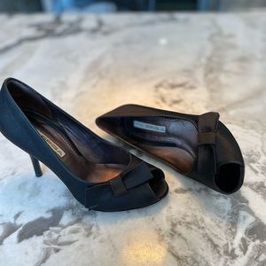 Via Spiga Divert Black Satin Peep Toe Heel with Bow.